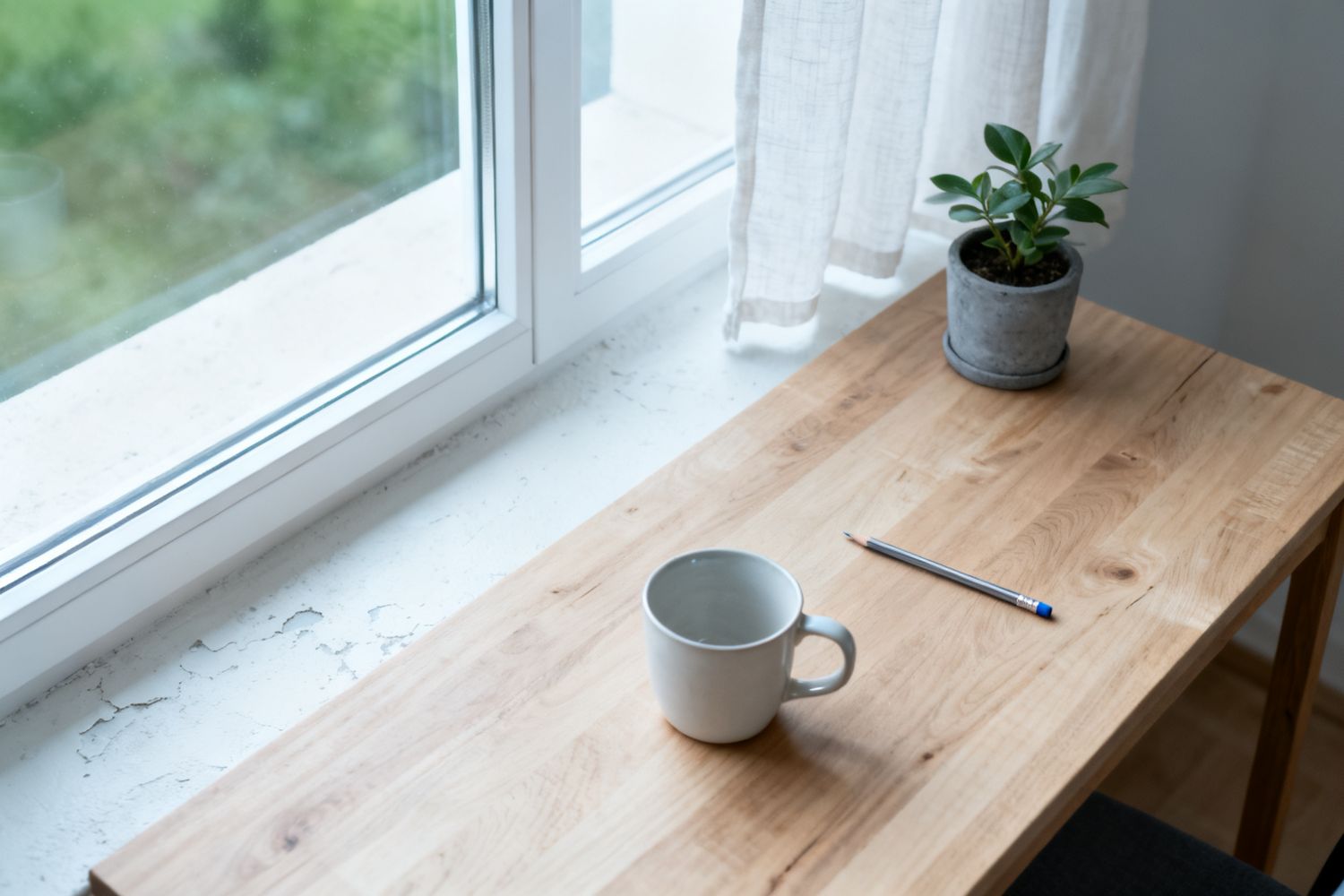 Leerer heller Schreibtisch am Fenster mit einem Stift und einer Tasse, weiches Vormittagslicht