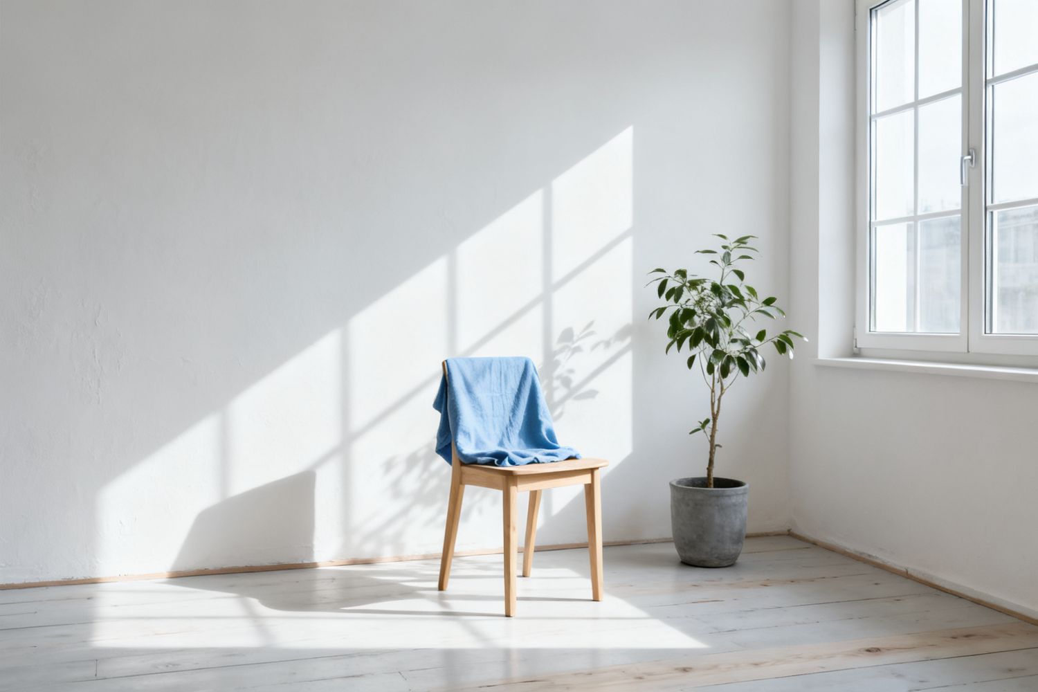 Leerer heller Raum mit einem Holzstuhl am Fenster, weiches Licht und eine Pflanze