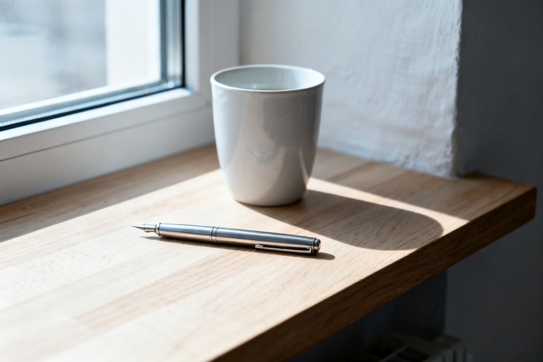 Leerer heller Holztisch am Fenster mit einem Stift und einer Tasse, weiches Vormittagslicht