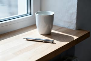 Leerer heller Holztisch am Fenster mit einem Stift und einer Tasse, weiches Vormittagslicht