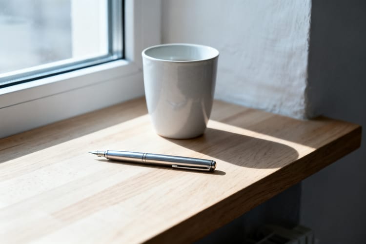 Leerer heller Holztisch am Fenster mit einem Stift und einer Tasse, weiches Vormittagslicht