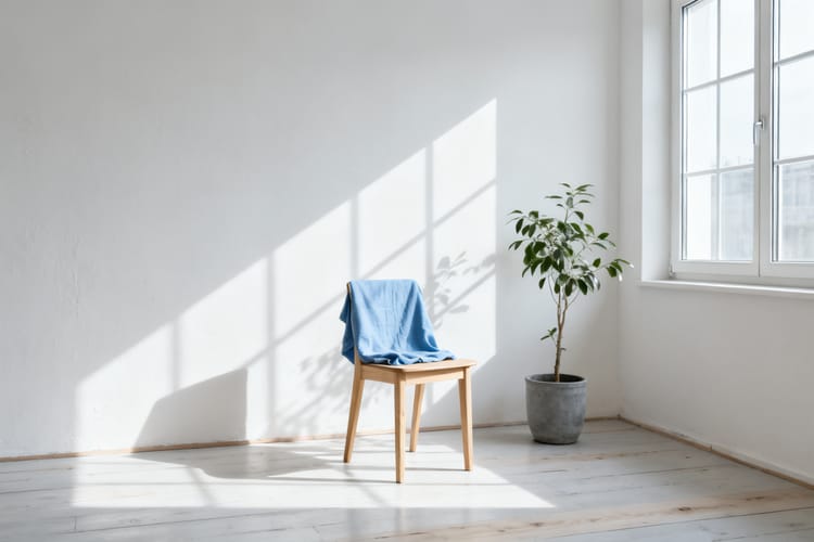 Leerer heller Raum mit einem Holzstuhl am Fenster, weiches Licht und eine Pflanze